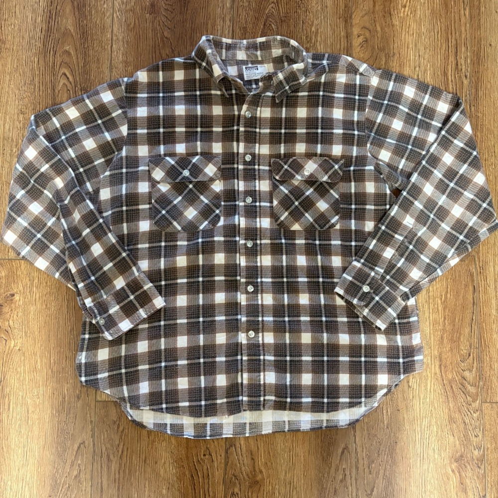 VTG 80s Montgomery Ward Brown Plaid Flannel Shirt Mens XL Long Sleeve Button Up